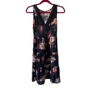 Maurices Women’s Black and Multicolor Floral Crochet Tiered Boho Dress Small